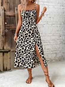SHEIN Frenchy Damen Lässig Urlaubs-Kleid mit Leoparden-Muster und Schlitz-Trägern