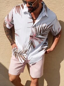 ResortEase 2pcs/Set Men Plus Size Front Button Short Sleeve Printed Simple Top And Shorts - Multicolor - View 7