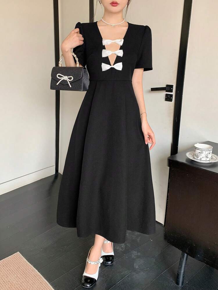 Women's French Bow Detail V-Neck Long Dress Sundress, Casual Women Dress