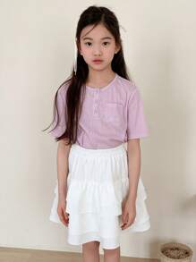DAZY Tween Girl Letter Print Single-Breasted Short Sleeve Pocket Top And Cake Skirt Casual 2pcs Set - Pink - View 6