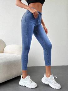 EURMUSE Raw Hem Skinny Cropped Jeans - Medium Wash - View 4
