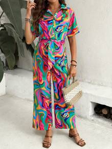 SHEIN Comfortable Maternity Jumpsuit With Printed Collar And Drawstring - Multicolor - View 3