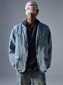 NEON BLANC Men's Street Fashion Long Sleeve Pocket Single Button Denim Jacket, For Fall Winter