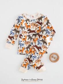 Cozy Pixies 2 件装男婴贴身动物印花针织柔软圆领长袖套头衫和松紧腰裤套装 - 藍色 - 查看 6