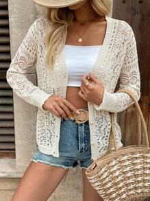 Chiquease Áo len cardigan dáng rộng tay dài màu trơn cho nữ đi nghỉ mát - Màu be - Xem 3