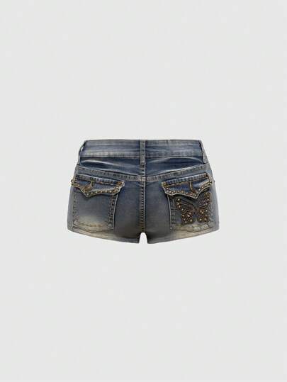 Fairycore Damen Vintage Y2K Ultra Tief Sitzende Washed Zerstörte Kurze Jeans Mit Schmetterling Muster Und Nieten Taschen