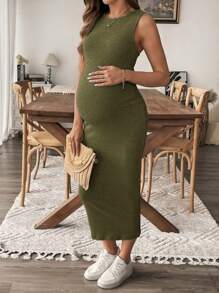 SHEIN Vestido casual de embarazo de unicolor con cuello redondo y ajustado - Verde militar - Ver 5