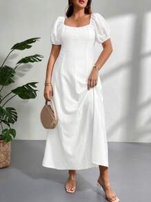 Firerie Falda A-line blanca con cuello cuadrado, extra larga y con forro para mujer de talla grande, elegante y romántica para la temporada de bodas