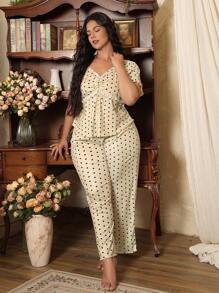 Côtesoire Plus Size Polka Dot Print Elegant Lace Patchwork Pajamas Set - Black and White - View 4