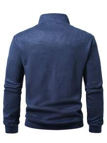 Manfinity Homme Plus Size Men Solid Color Half Zipper Long Sleeve Pullover Sweatshirt, Fall - Navy Blue - View 2