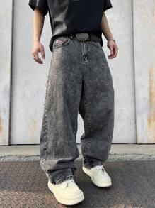 Manfinity EMRG Men's Plain Zippered Pocket Wide Leg Jeans - Grey - View 4