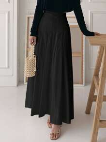 DAZY Women's Black Pleated A-Line Skirt, Suitable For All Seasons, Autumn