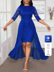SHEIN Lady Vestido elegante de fiesta de Navidad de otoño e invierno con cuello redondo de encaje azul asimétrico y fluido