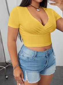 SHEIN EZwear 大码休闲简约纯色修身短款 T 恤 - 黃色 - 查看 5