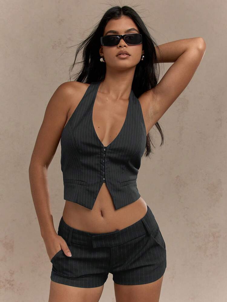 MISSGUIDED Pinstripe Halter Neck Corset Top With Button Front