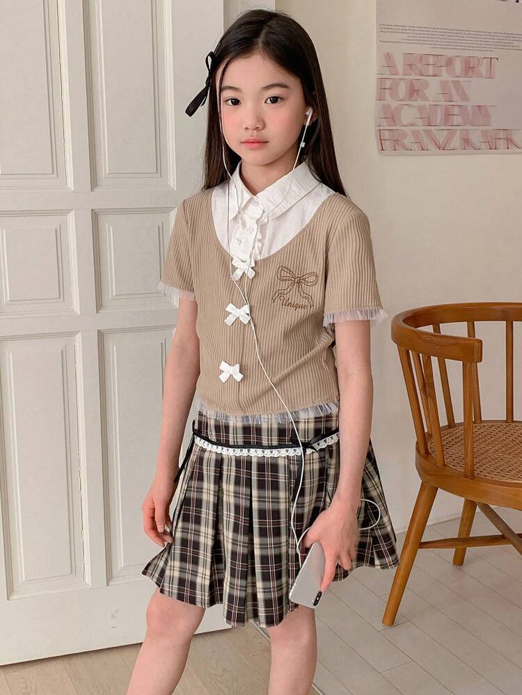 2pcs/Set Tween Girl 2 In 1 Butterfly Print Short Sleeve T-Shirt + Woven Plaid Skirt Set, Fall/Autumn