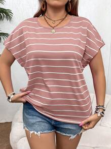 SHEIN VCAY Plus Size Holiday Rainbow Striped Short Sleeve Crew Neck T-Shirt - Pink - View 7