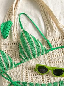 Swim Mod 2pcs/Set Women Summer Holiday Beach Wear Hollow Texture Stripe Bikini Set - Green - View 3