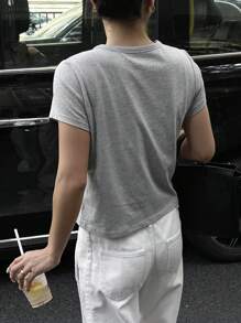 Dazy-Less 女士休闲日常纯色刺绣爱心短袖T恤，夏季老款，商务休闲女装 - 灰色 - 查看 8