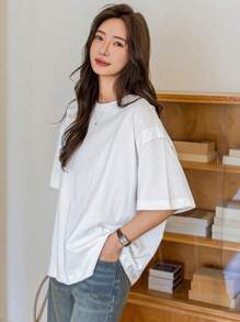 Dazy-Less Loose Simple Short Sleeve Women Solid Color Round Neck Casual T-Shirt - White - View 3