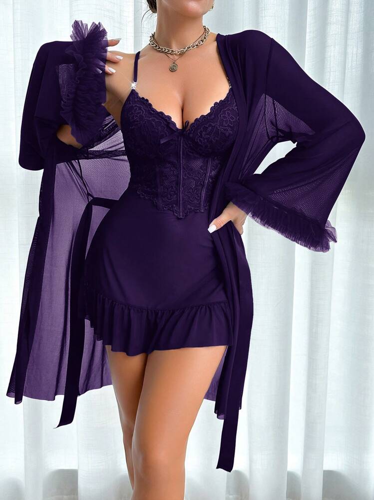 Slumberist 2pcs/Set Fishbone Waistline Design Lace Cami Nightgown And Wide Sleeve Floral Lace Trim Mesh Robe - Purple - View 1