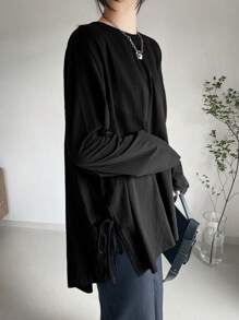 FRIFUL Women's Casual Solid Color Round Neck Dropped Shoulder Long Sleeve Side Slit Hem T-Shirt, Autumn - Black - View 4