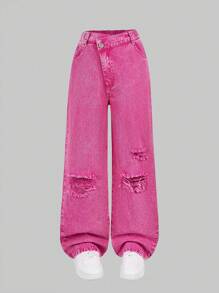 Tween Girls' Loose Straight Leg Ripped Distressed Washed Denim Jeans, Casual & Style - Hot Pink - View 1