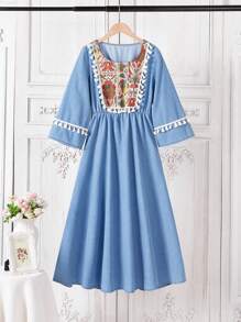 SHEIN Jacquard Tassel Collar Blue Denim Dress For Teenage Girls - Light Wash - View 1