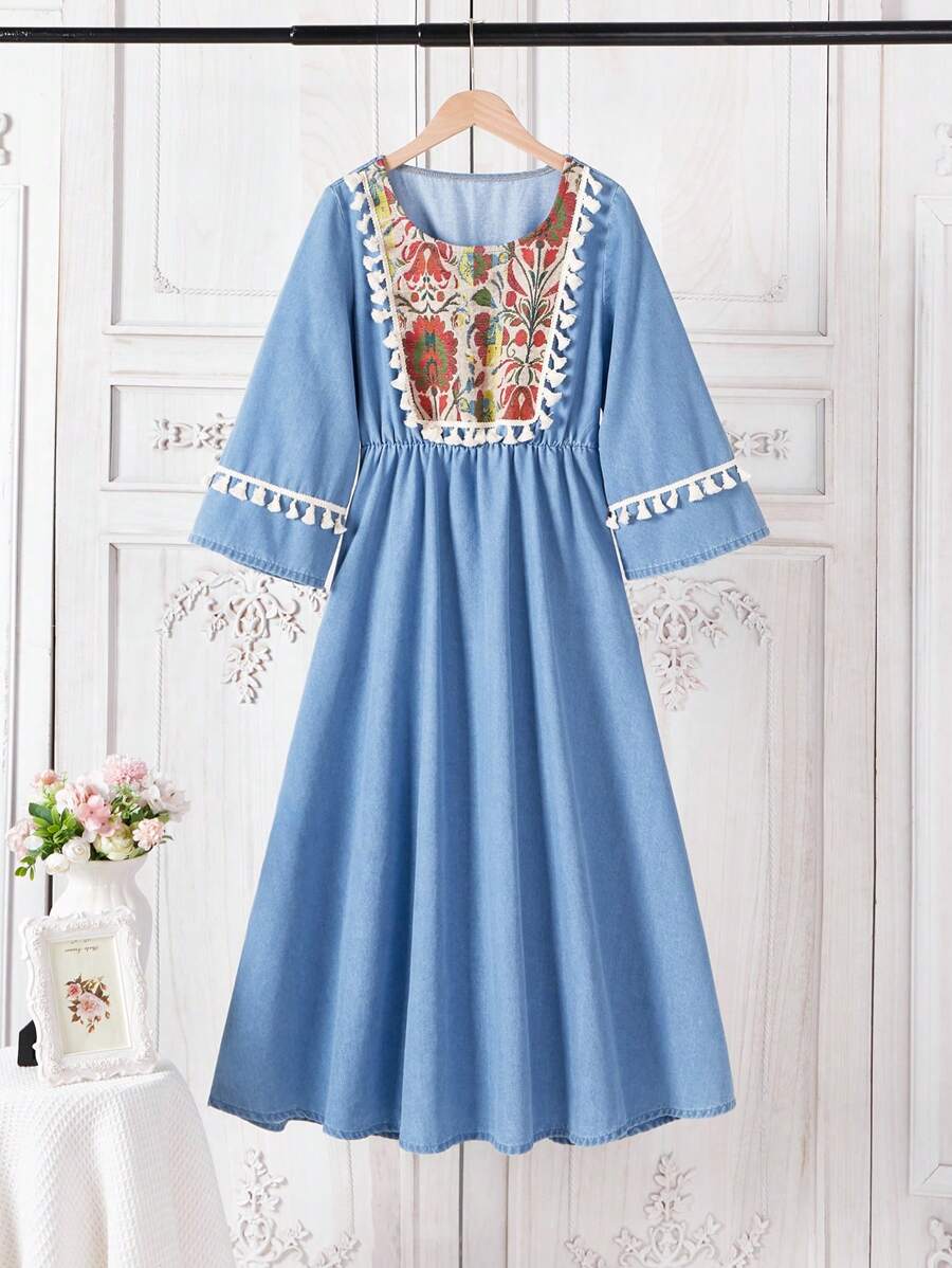 SHEIN Jacquard Tassel Collar Blue Denim Dress For Teenage Girls - Light Wash - View 1