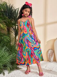 SHEIN Leap Crew Tween Girl Geometric Pattern Woven Sleeveless Dress, Suitable For Vacation And Casual Wear In Spring/Summer - Coral Orange - View 1