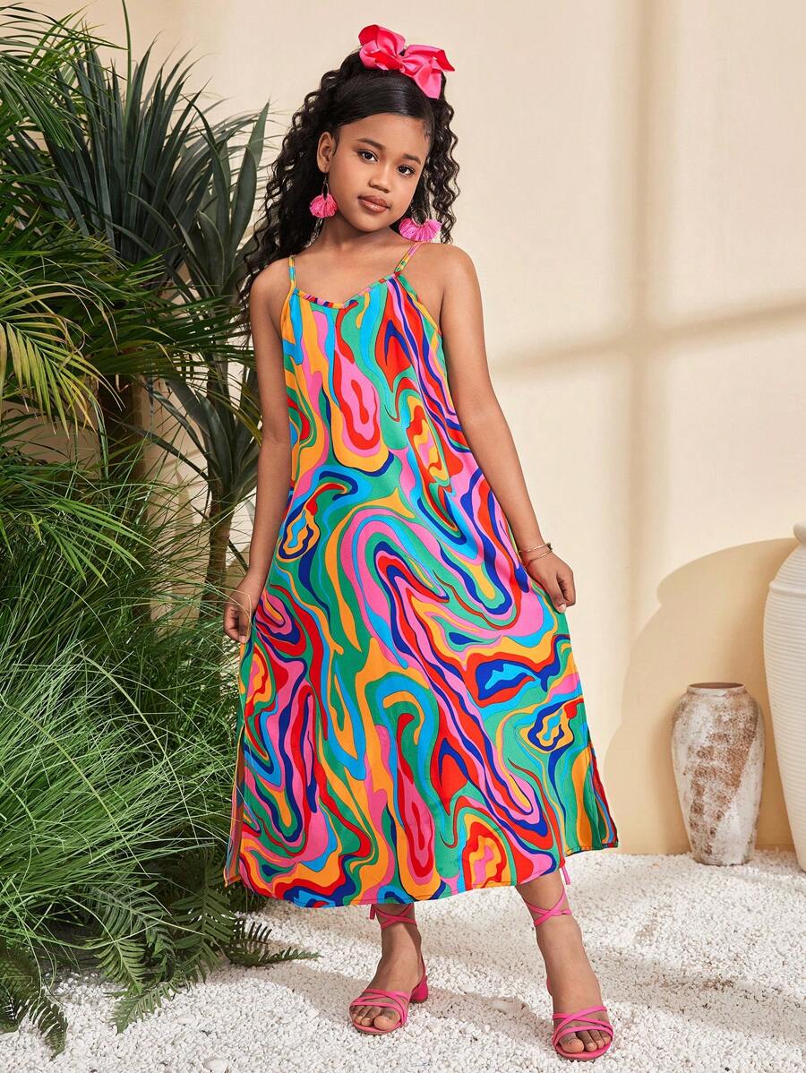 SHEIN Leap Crew Tween Girl Geometric Pattern Woven Sleeveless Dress, Suitable For Vacation And Casual Wear In Spring/Summer - Coral Orange - View 1