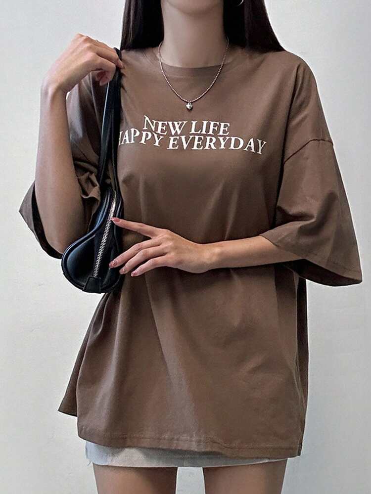 Women's Slogan Print Round Neck Drop Shoulder T-Shirt Summer Oversized T-Shirt,Graphic Tees Preppy Tops