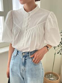 DAZY Mock Neck Puff Sleeve Blouse Fall - White - View 8