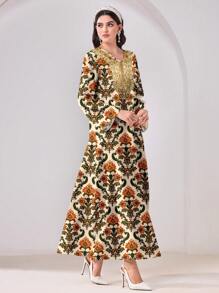 SHEIN Najma Minimalist Design All-Over Print Modest Arabian Style Dress - White - View 5