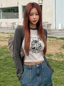 DAZY 图案与标语插肩袖短款T恤 人生的意义在于拥有自己的目标并去追求它，只要你坚定目标并不断努力，你就会实现它 长袖女式上衣 - 灰色 - 查看 5