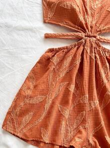 Soleia 女士棕色柳条叶纹理面料露肩镂空收腰连体裤，适合度假、海滩、音乐节、嬉皮士、派对、约会、下午茶 - 棕色 - 查看 7