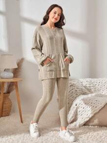 SHEIN Teen Girls Drop Shoulder Split Hem Top & Leggings Set - Beige - View 1