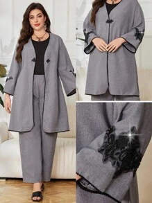 Lacomfia Plus Size 2Pcs/Set Solid Color Jacket And Trousers, Casual And Fashionable For Daily Wear - Grey - View 1
