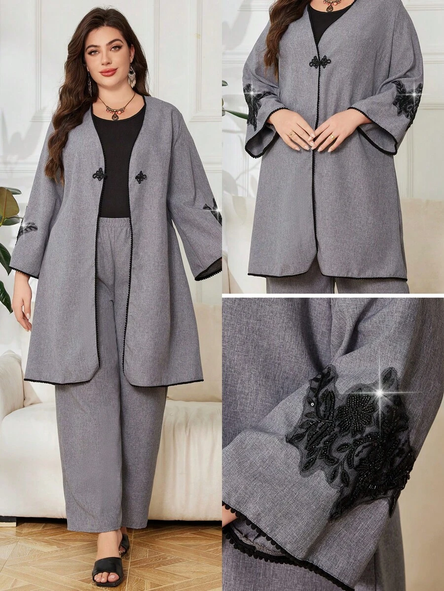 Lacomfia Plus Size 2Pcs/Set Solid Color Jacket And Trousers, Casual And Fashionable For Daily Wear - Grey - View 1