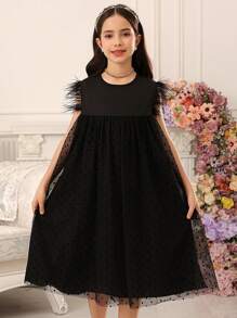 Tween Girls Elegant Party Polka Dot Mesh Patchwork Dress - Black - View 1