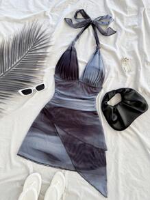 Soleia 性感复古渐变色露背 V 领网眼褶皱不对称下摆浪漫迷你假日连衣裙，女士夏季春季海滩装 - 灰色 - 查看 4