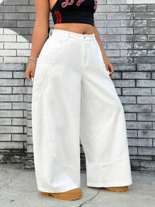 SHEIN ICON 大码纯色高腰口袋牛仔裤 - 白色 - 查看 3