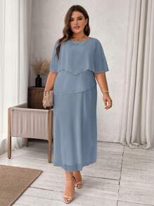 SHEIN Clasi Plus Size Short Sleeve Solid Color Mesh Dress, Minimalist & Fashionable - Baby Blue - View 4