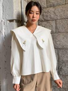 DAZY Floral Embroidery Statement Collar Lantern Sleeve Blouse Long Sleeve Top