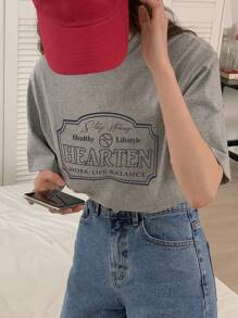 Women's Letter Printed Round Neck T-Shirt Summer - Grey - View 5