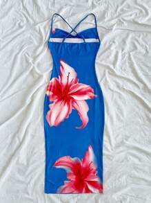 Soleia 女士百合花卉印花海滩度假开衩领吊带背心长裙 - 寶藍色 - 查看 2