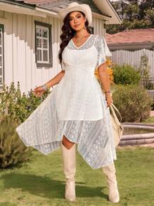 SHEIN LUNE Vestido de encaje con volantes en las mangas y dobladillo asimétrico para tallas grandes - Blanco - Ver 3