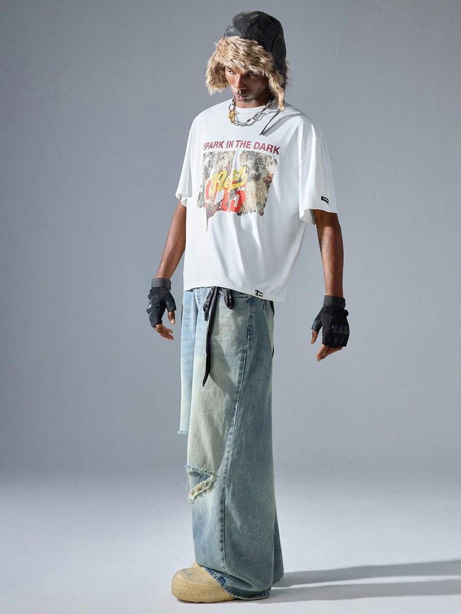 NEON BLANC Men's Streetwear Loose Fit Ripped Long Blue Denim Jeans - Blue - View 1