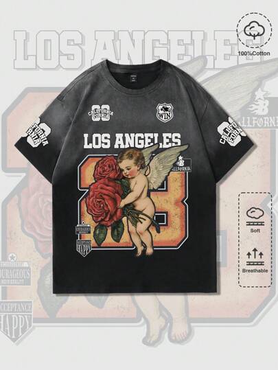 Street Life Men's Angel & Rose Portrait Print Casual Short Sleeve T-Shirt, Suitable For Spring/Summer