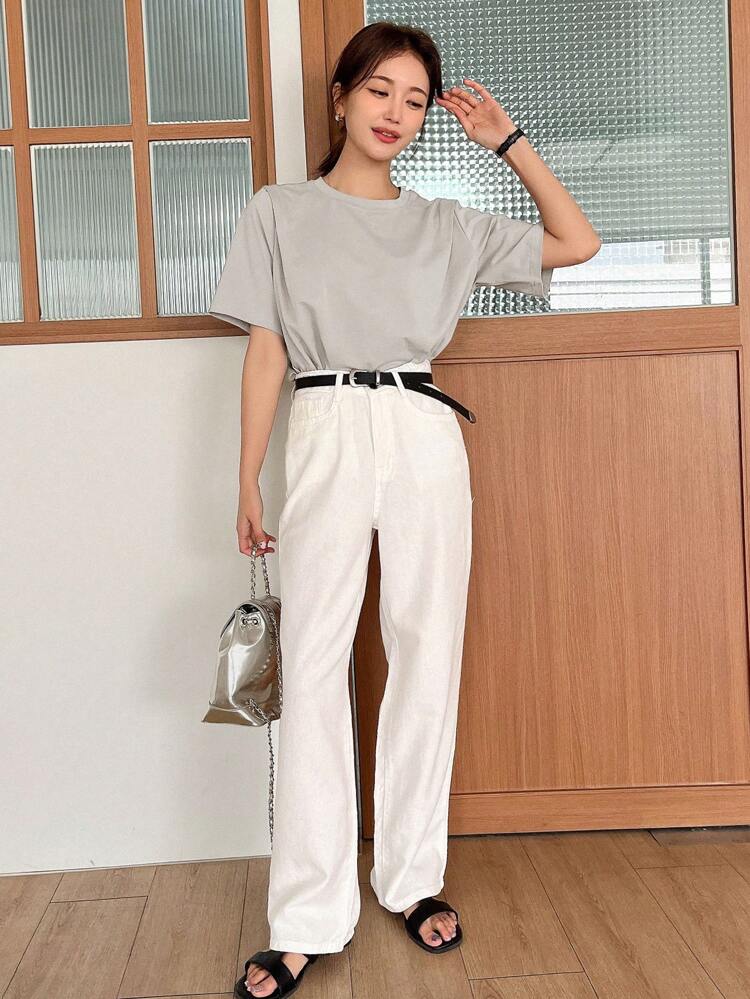 Women's Summer Solid Color Round Neck Short Sleeve Casual T-Shirt,Business Casual Women